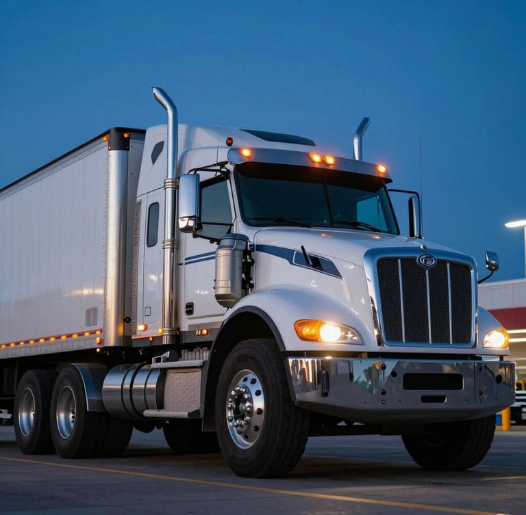 Low-angle heroic shot of a clean, branded late-model tractor-trailer parked at twilight, safety-amber running lights glowing against a deep blue dusk sky, Calgary terminal in the background.