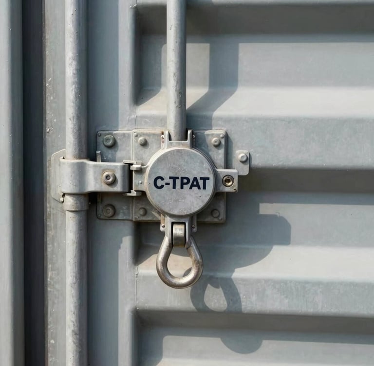 Close-up macro shot of a heavy-duty C-TPAT security seal locked on a clean steel container door, low-sun casting long shadows, industrial texture
