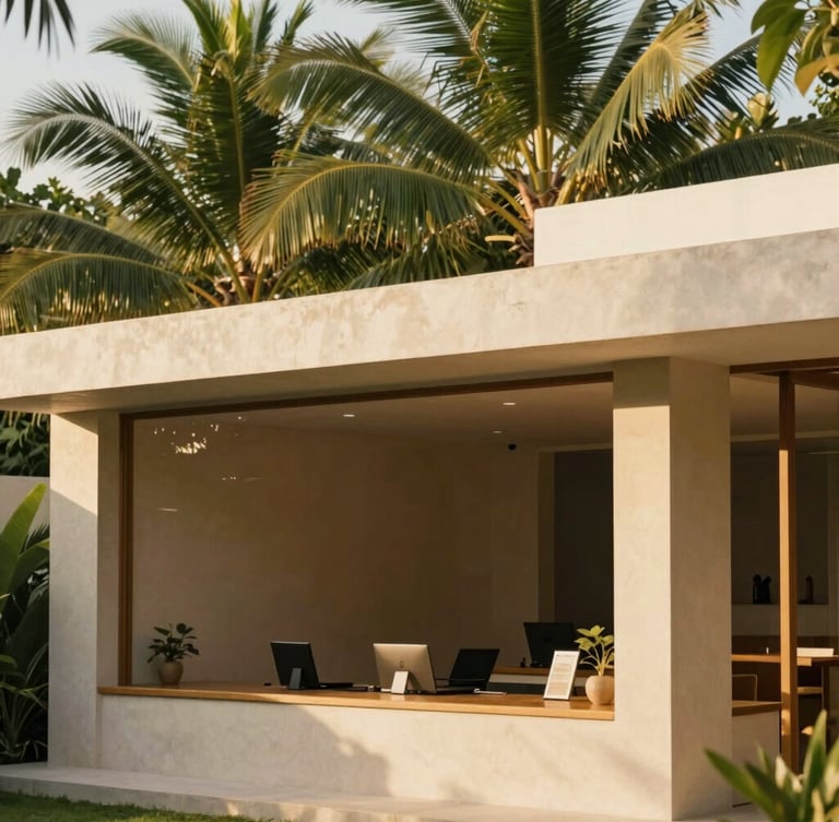 Warm editorial photography of a modern tropical open-air office in Bali, with lush emerald palm leaves in the background, soft golden hour sunlight, architectural lines, 35mm.