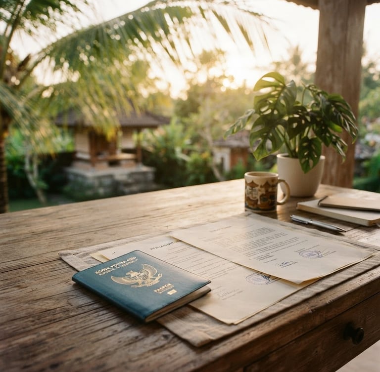 Warm editorial portrait photography of a clean wooden workspace in Bali, a passport and elegant legal documents on the desk, soft golden-hour light filtering through tropical palm leaves, 35mm.