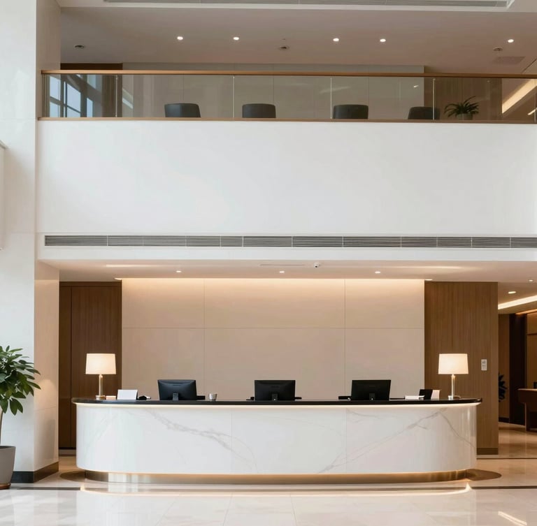 Clean architectural shot of a bright hotel lobby and reception desk with soft interior lighting, professional atmosphere.