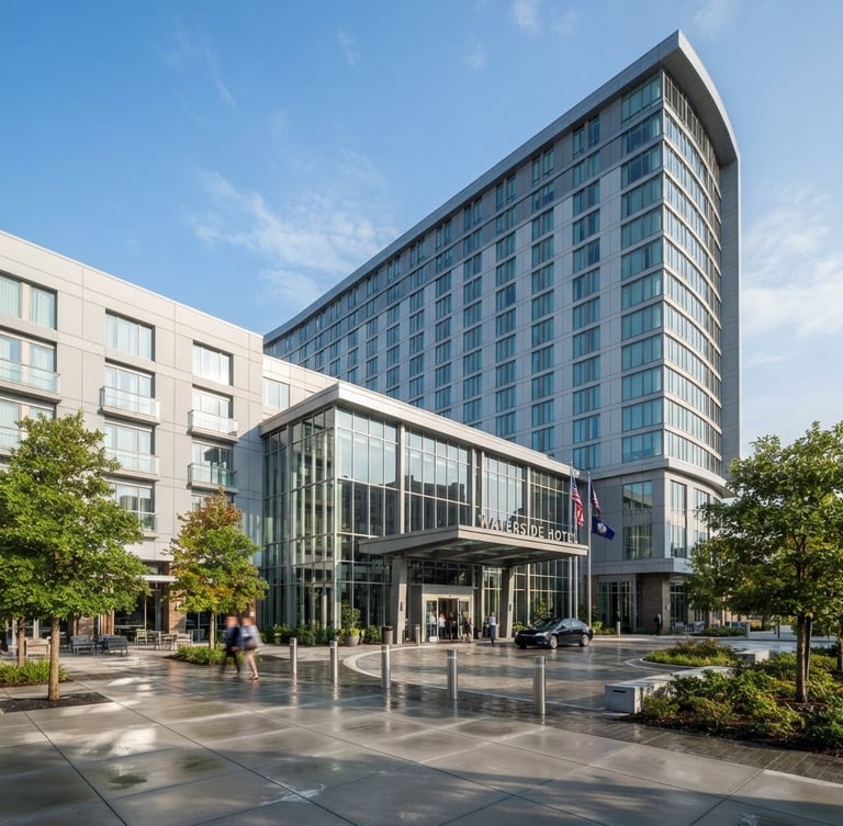 Wide-angle architectural photograph of a modern hotel exterior in Norfolk, bright morning daylight, clean corporate lines, sharp focus, 35mm lens
