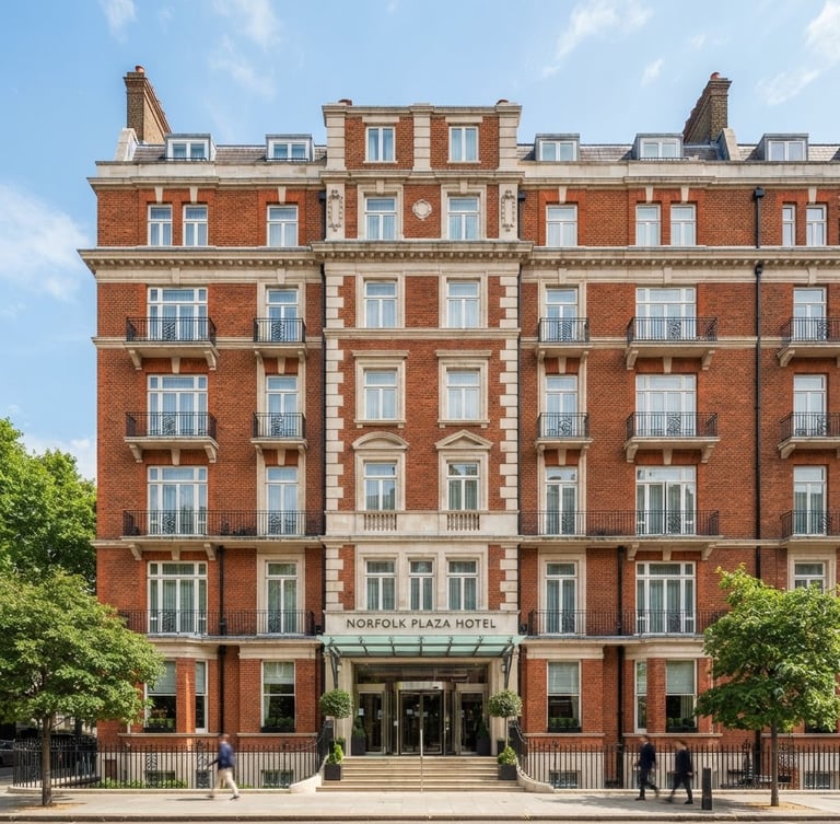 Professional architectural photography of the Norfolk Plaza Hotel exterior, clean brick facade under bright natural daylight, 35mm lens, sharp focus.