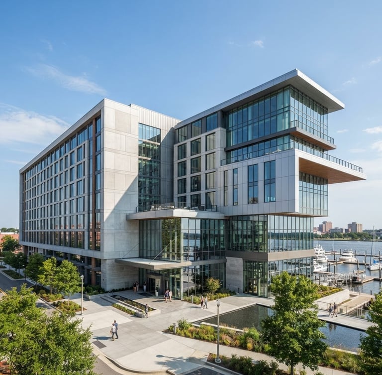 Wide-angle architectural photograph of a modern hotel exterior in Norfolk, clean lines, bright daylight.
