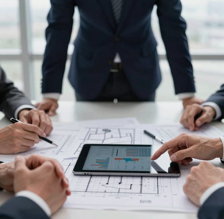 Close-up of a modern executive meeting table with architectural blueprints and a tablet showing financial charts, hands of senior partners in discussion, soft focus background, natural daylight, 35mm.