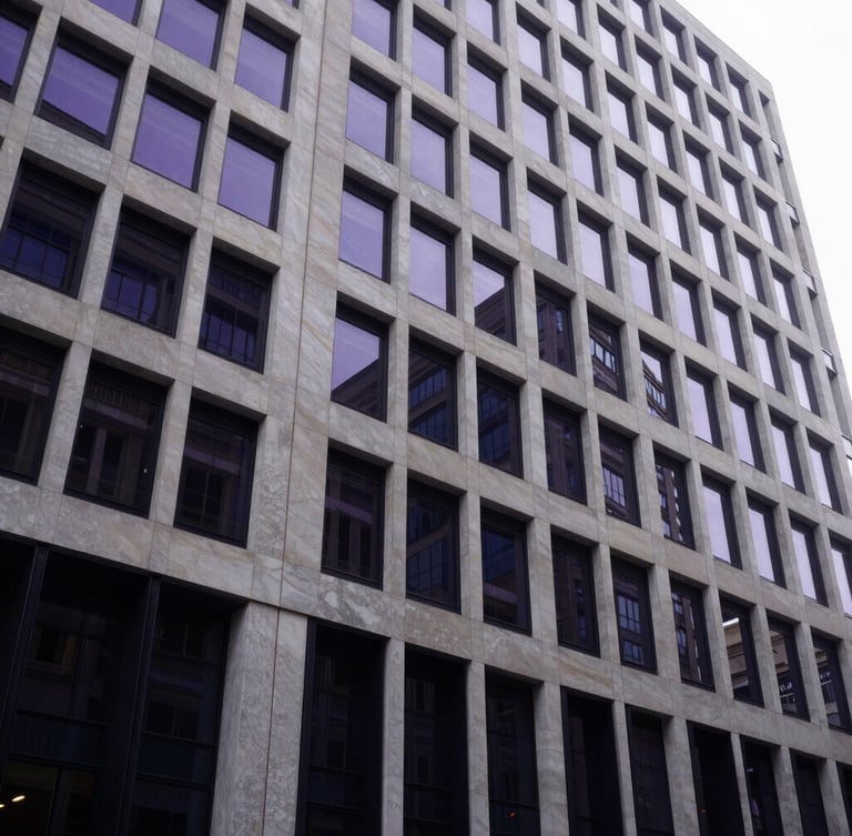 Wide-angle architectural framing of a modern corporate building facade in Madrid, clean geometric lines, natural diffused daylight, soft purple and deep navy reflections, 35mm.