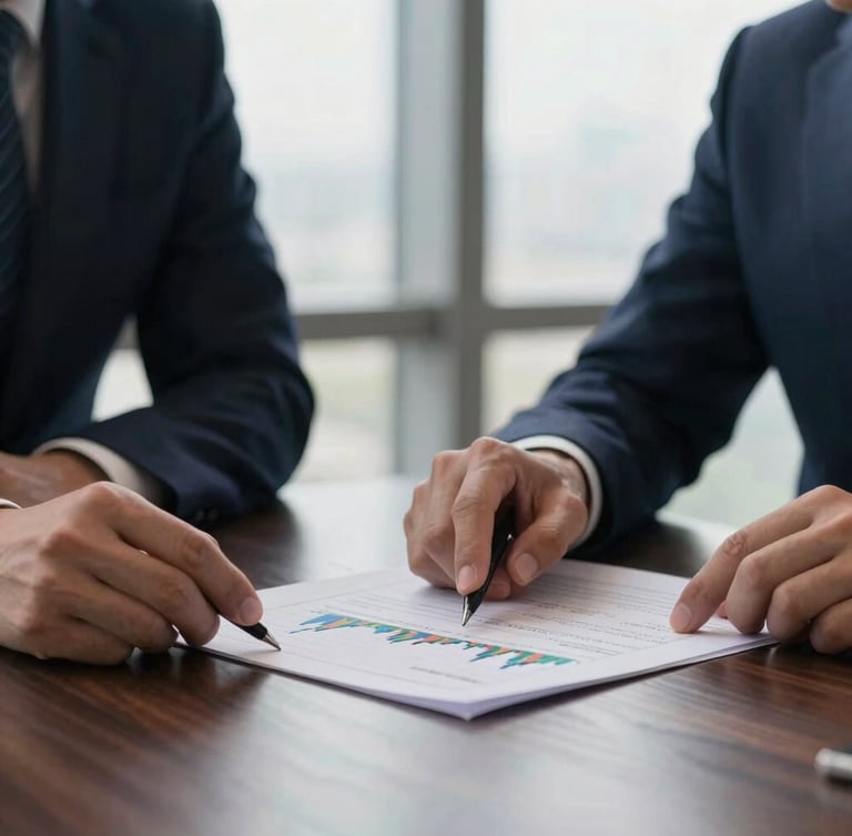 Close-up of executive hands analyzing financial charts on a sleek dark wooden table, soft architectural background, natural diffused daylight.