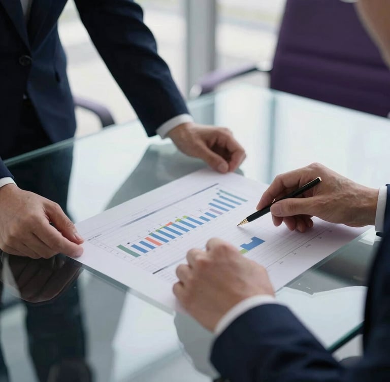 A close-up, high-contrast shot of hands analyzing structural data charts on a sleek glass table in a diffused daylight boardroom, corporate editorial style, 35mm.