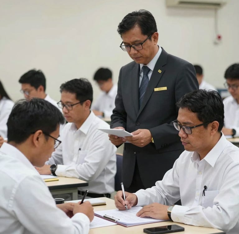Proses uji kompetensi penyehat tradisional yang bersih dan formal, asesor berlisensi BNSP mengamati kandidat dengan cermat di ruang ujian terstandarisasi.