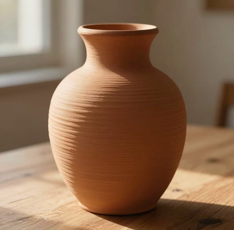Close-up macro shot of a terracotta 3D printed vase with prominent tactile ridges, sitting on a wooden table, soft golden-hour window daylight casting gentle shadows, warm minimalist styling.