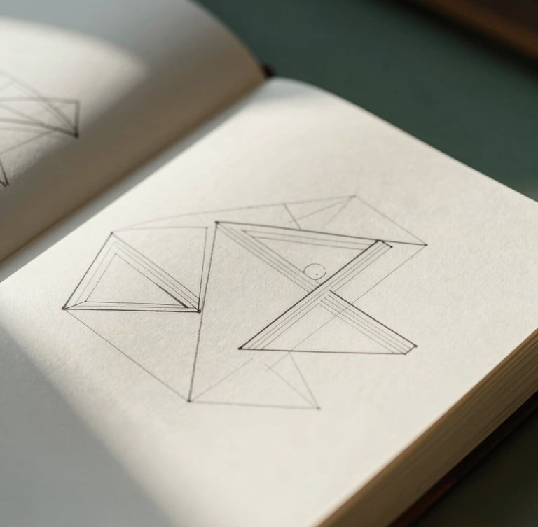 Extreme close-up of a structured leather-bound journal with clean hand-drawn geometric diagrams, sharp pencil lines, natural north-facing daylight, deep shadows