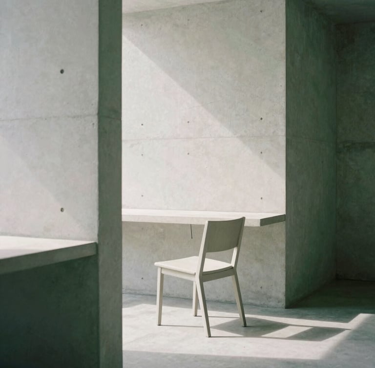 Minimalist architectural workspace with clean concrete lines, a single empty chair, soft daylight casting deep shadows, highly editorial, 35mm lens