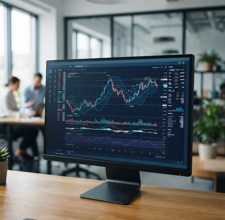 Crisp natural office light, close-up of a secure digital interface displaying financial charts on a sleek monitor, modern collaborative workspace background, deep navy tones, sharp focus, 35mm lens