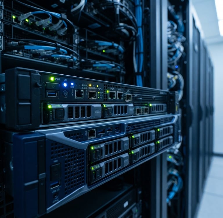 Close-up of a modern, clean server rack interface with status lights glowing, crisp natural office lighting, deep navy and cool gray tones, sharp focus, 35mm lens