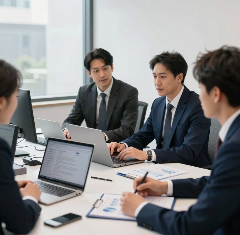 Crisp editorial corporate photography of a modern collaborative workspace, financial planning session with clean technology setups, natural office light, sharp focus