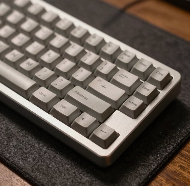 Tight macro shot of an anodized aluminum mechanical keyboard on a dark felt desk mat, soft warm side lighting highlighting keycap textures