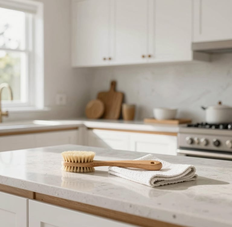 Immaculate, sun-drenched residential kitchen with white cabinets and warm oak accents, meticulously organized. Close-up of a wooden brush and folded microfiber cloth on a clean stone countertop. Bright, natural daylight, high-end editorial, 35mm lens.