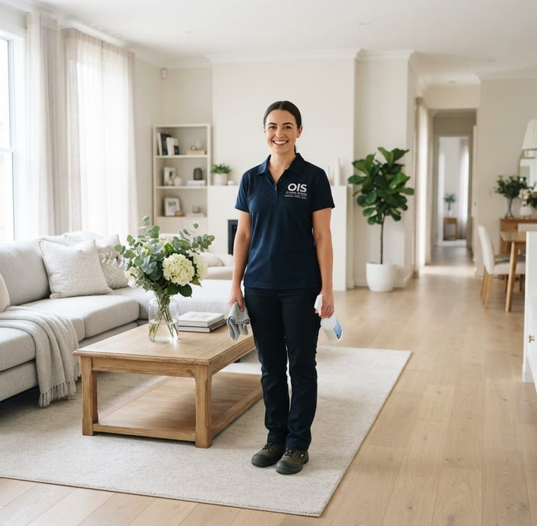 Professional, friendly OIS Cleaning Services team member in a neat uniform, smiling genuinely, standing in a bright, clean residential living room with soft natural daylight. Wide-angle, editorial style, 35mm lens.