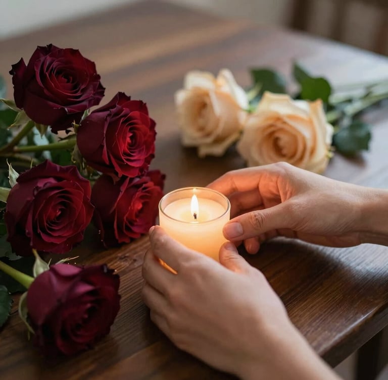 Close-up of hands arranging deep burgundy roses and champagne-colored flowers on a dark wooden table, soft warm candlelight, shallow depth of field