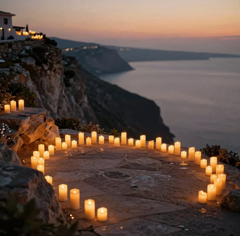 Cinematic wide shot of an empty, breathtakingly decorated proposal spot on a Mediterranean cliffside at twilight, hundreds of glowing candles, soft focus, warm editorial photography.