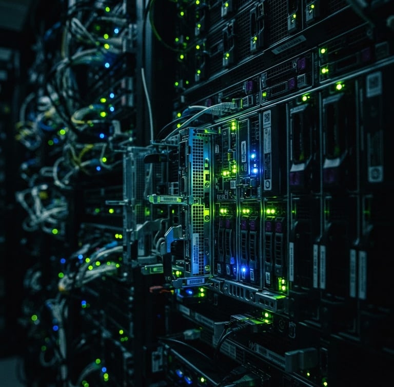 Macro shot of a high-density server rack with blinking neon green and electric blue status lights, dark server room environment, high contrast, 35mm