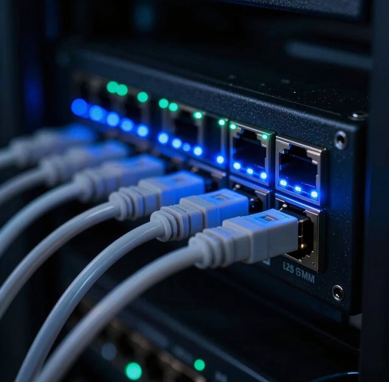 Extreme close-up macro shot of fiber optic cables plugged into a high-speed network switch, glowing blue LED indicators, dark high-contrast server room, 35mm