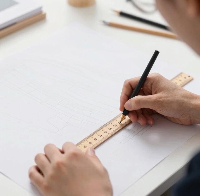 Close-up of a designer drafting a pattern with a wooden ruler on clean white paper, natural daylight, soft focus, professional apparel studio