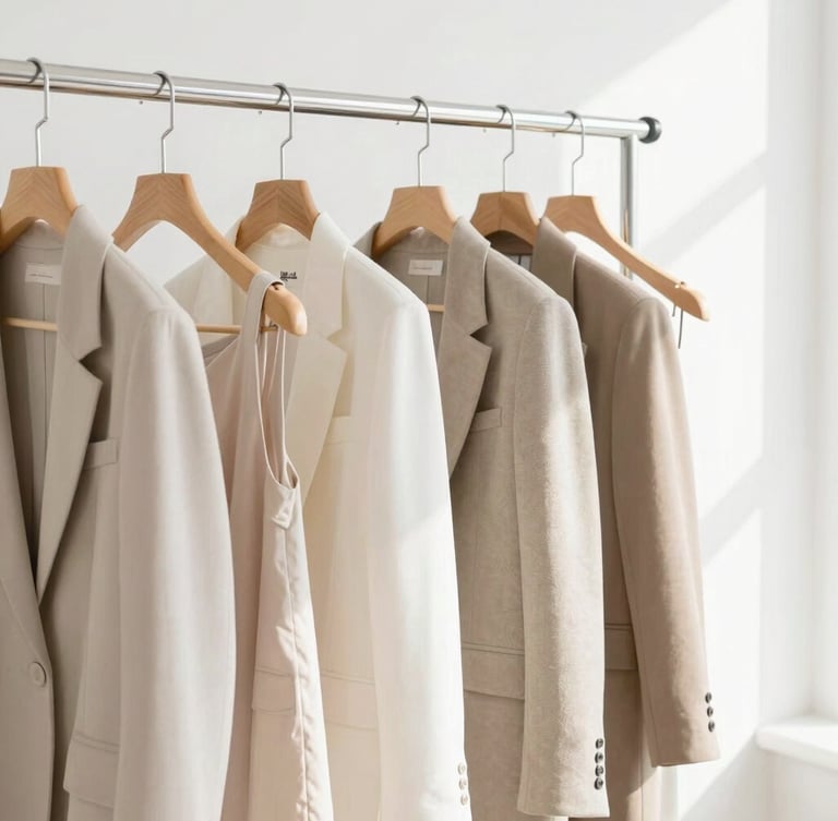 Bright high-key fashion photography, soft natural daylight, a modern clothing rack with structured neutral garments, 50mm lens, clean white studio background