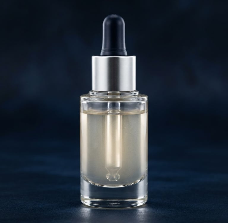 Macro shot of a high-end cosmetics bottle with sharp studio lighting, displaying clean product packaging, set against a dark navy background, 35mm.