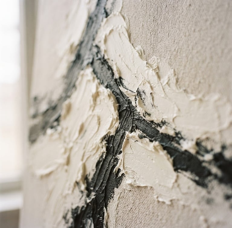 Close-up detail shot of a minimalist abstract canvas painting, thick textured brushstrokes in warm white and charcoal, soft side lighting from a window, shallow depth of field