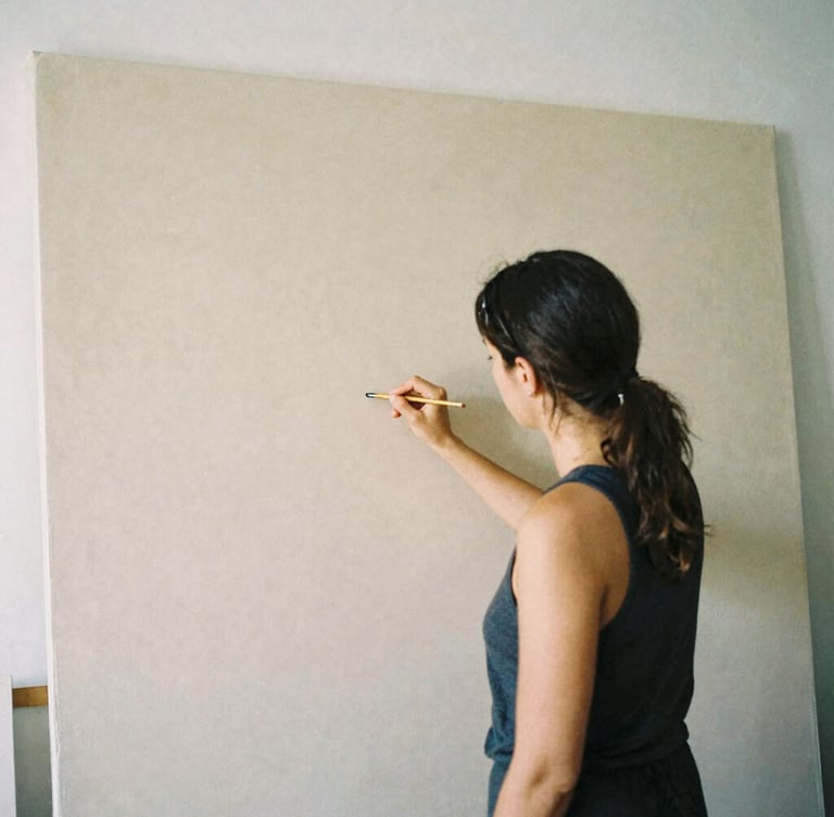 A professional female artist in her Lisbon studio, working quietly on a large neutral canvas, soft natural daylight, editorial 35mm film aesthetic
