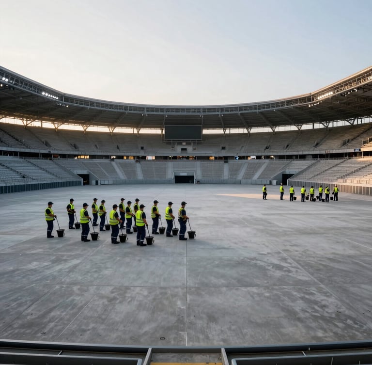 Wide environmental shot of a massive empty festival arena at dawn, clean concrete floors, professional cleaning crew in matching navy uniforms standing in formation with high-vis vests, crisp morning light.
