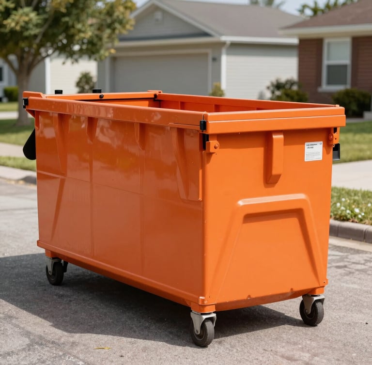 Crisp commercial photography of a clean safety-orange Lyons roll-off dumpster placed neatly on a paved residential driveway, bright mid-morning daylight, sharp focus, 35mm lens