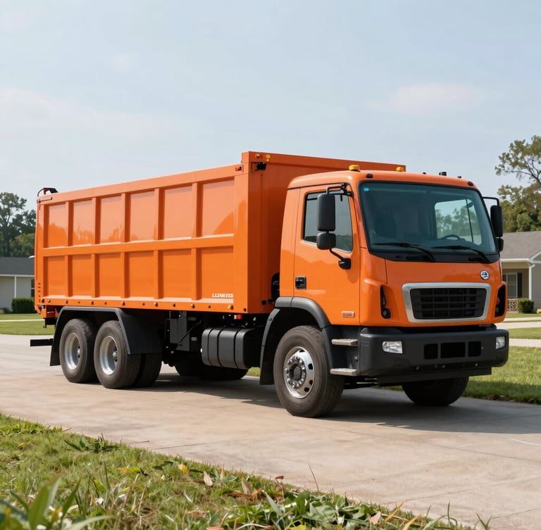 A clean safety-orange Lyons hauling truck parked on a neat driveway in Mansfield Ohio, bright morning light, 35mm lens