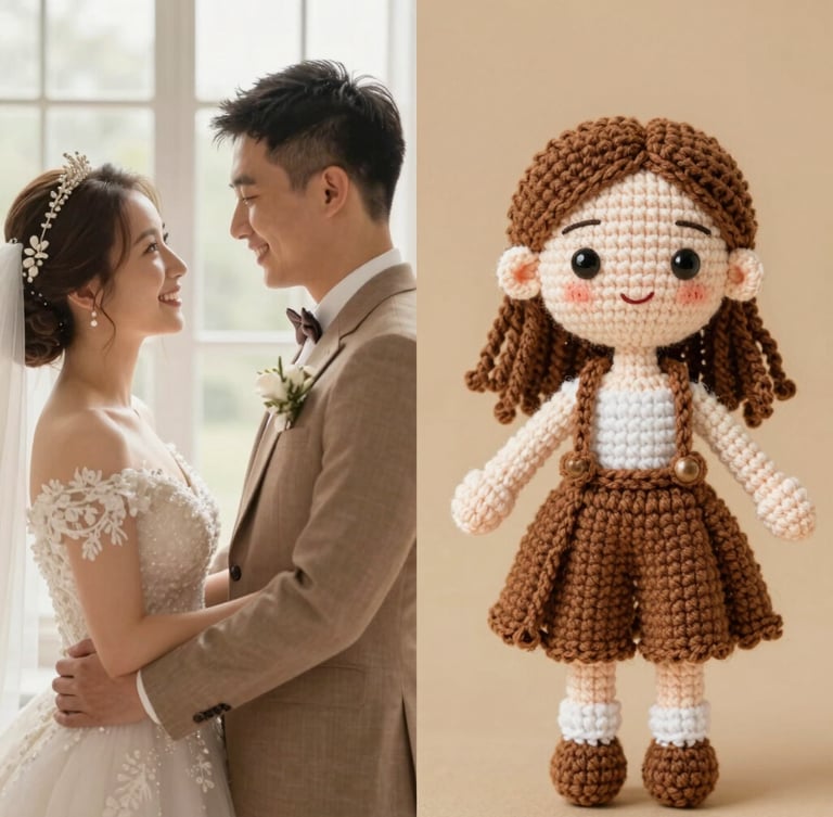 A close-up side-by-side split comparison, on the left a warm photograph of a smiling couple at a wedding, on the right a meticulously detailed custom crochet portrait doll matching their exact outfits, soft natural window lighting, rich beige background