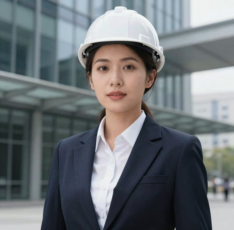 A sophisticated close-up portrait of a female civil engineer in a modern architectural setting, natural daylight, soft focus background of steel and glass, professional executive tone.