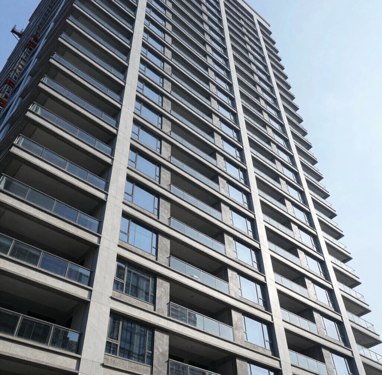 Wide-angle architectural perspective of a modern high-rise building under construction, clean lines, steel and concrete structures reflecting bright natural daylight.