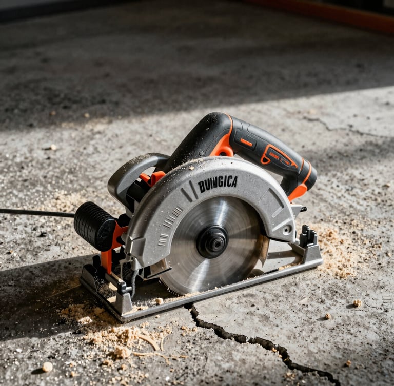 Low-angle heroic shot of a Tungsten cordless circular saw resting on cracked concrete, covered in fresh sawdust, harsh dramatic side-lighting, 35mm