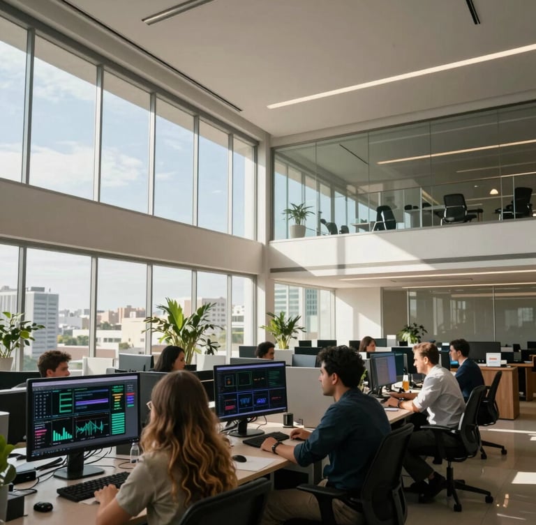 Wide environmental shot of a modern, sunlit corporate office in Brazil, clean architectural lines, glass partitions, natural daylight illuminating a professional workspace with digital dashboards on screens, candid atmosphere.