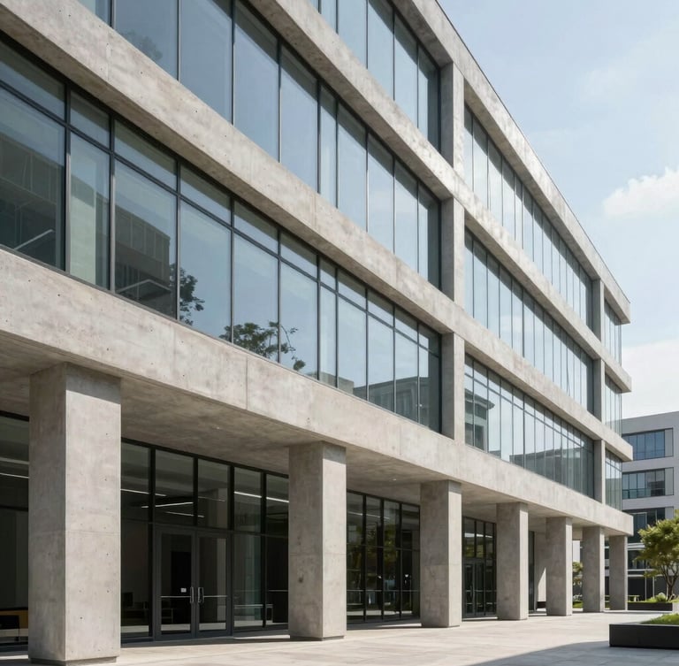 Wide environmental shot of contemporary office architecture, clean concrete and glass details, bright natural daylight, structured lines, professional atmosphere.
