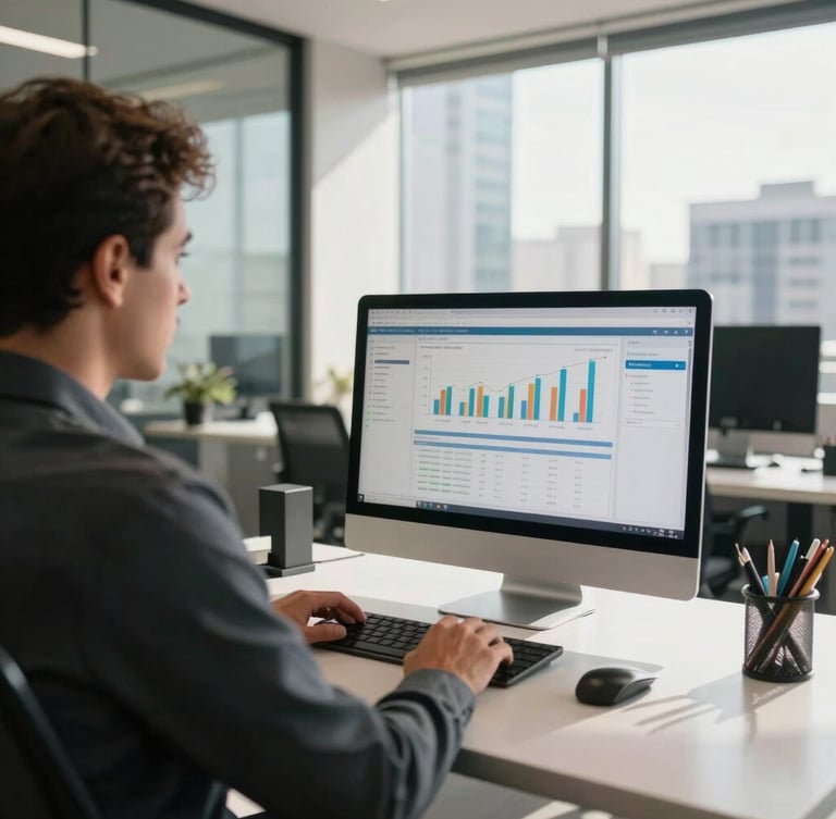 Wide environmental shot of a modern, sunlit corporate office in Brazil, a professional working with financial dashboards on a clean desk, natural daylight, over-the-shoulder perspective, candid documentary style.