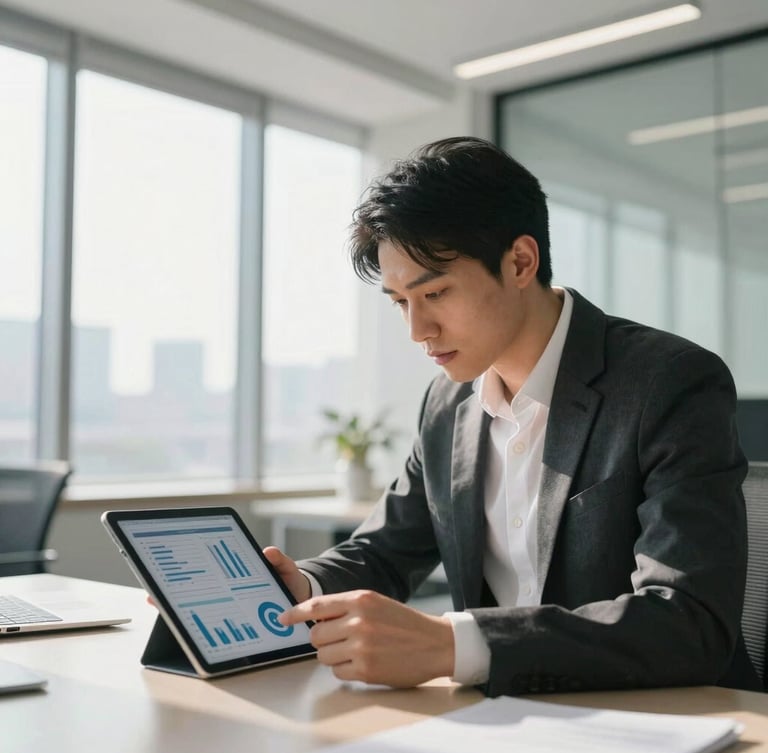 Bright modern office with a professional reviewing financial analytics on a tablet, natural sunlight, clean architectural lines.