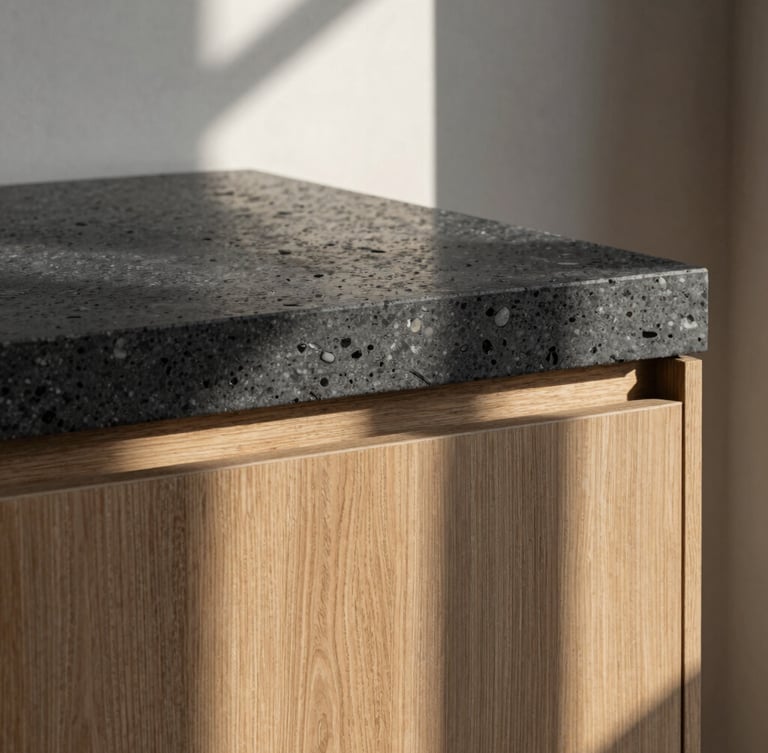 A sharp, tactile architectural detail crop of dark travertine stone and raw oak wood paneling under soft morning window light, high-contrast shadows.