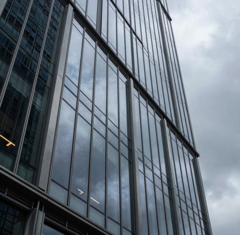 A dramatic close-up of a modern glass skyscraper facade reflecting a moody overcast sky, sharp architectural angles, cold metallic textures, vertical portrait composition.