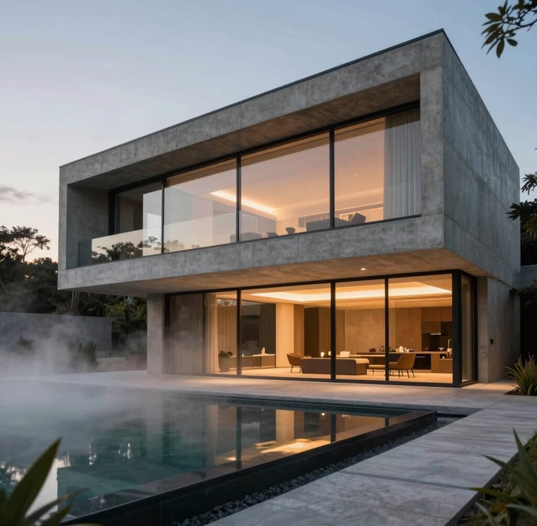 Cinematic architectural visualization of a modern concrete villa at dusk, camera tracking slowly past floor-to-ceiling glass windows revealing warm interior lighting, mist rising from a minimalist pool, dramatic low-angle framing.