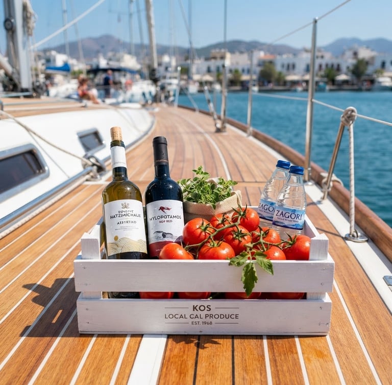 A pristine wooden yacht deck at Kos Marina in bright Mediterranean sunlight, with a freshly packed white grocery crate containing local Greek wine, fresh tomatoes, and mineral water, shallow depth of field.