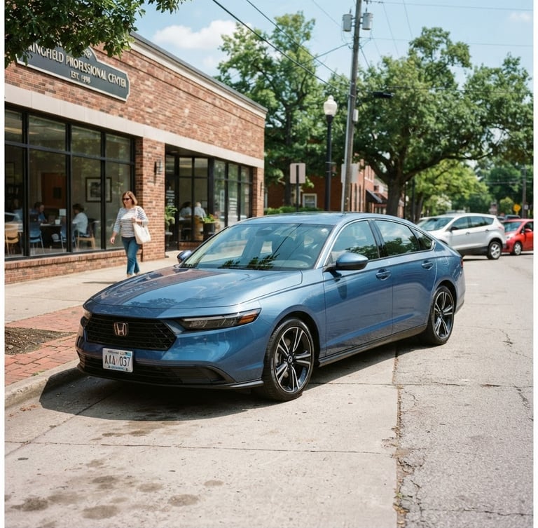 Crisp editorial photography of a clean modern sedan parked on a sunny Springfield street, bright natural daylight, 35mm lens