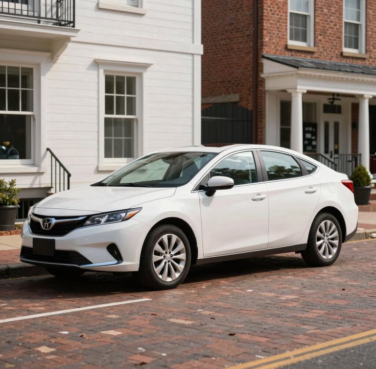 A clean modern passenger vehicle parked on a historic brick street in Springfield, Massachusetts, bright natural afternoon light