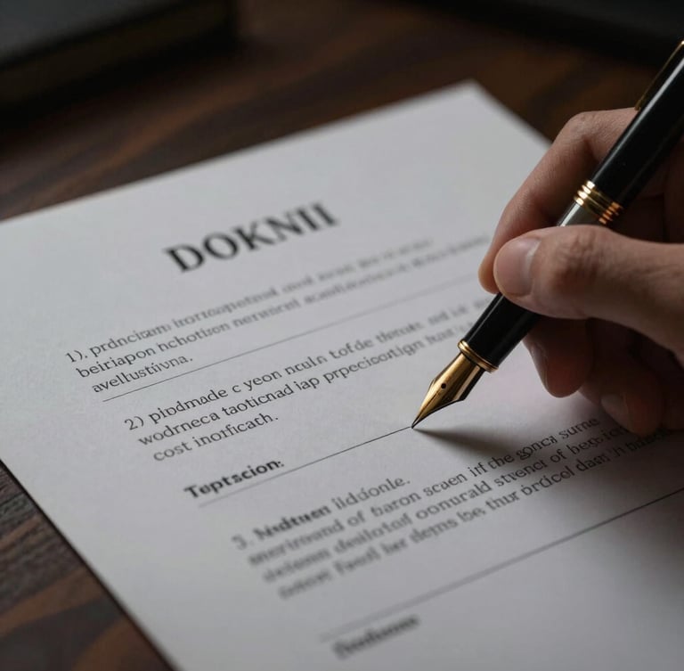 Close-up of a fountain pen signing an official legal document on dark wood, dramatic low-key lighting with golden accents, sharp focus, 50mm lens