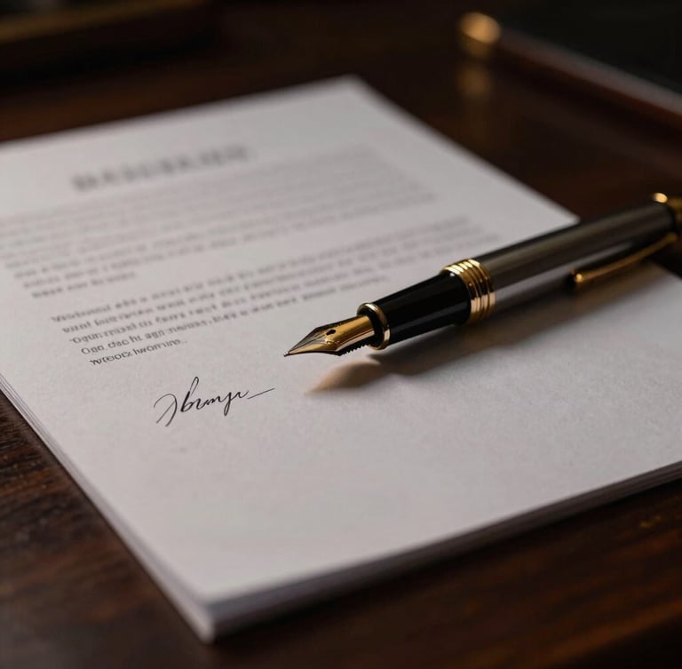 Close-up of legal documents on a dark wooden desk, a luxury fountain pen resting on a signed page, low-key lighting with warm gold tones, sharp focus on the metallic nib.